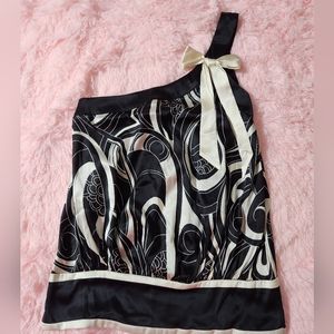 Bebe Black and White One Shoulder Bow Embellished Silk Blouse